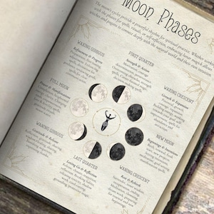 Op de afbeelding: Een diagram dat de maanfasen illustreert met bijbehorende beschrijvingen voor elke fase. De fasen zijn gelabeld met namen zoals "Wassen Gibbous", "Volle Maan", "Afnemende Maansikkel" en "Nieuwe Maan". Elke fase wordt beschreven met trefwoorden die betrekking hebben op de energie en het potentieel voor spreukenwerk.