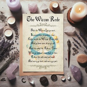 May include: A vintage-style print of the Wiccan Rede, a set of ethical guidelines for Wiccans. The text is written in a decorative font and is surrounded by a circular design featuring a tree, moon phases, and stars. The background is a light beige color.