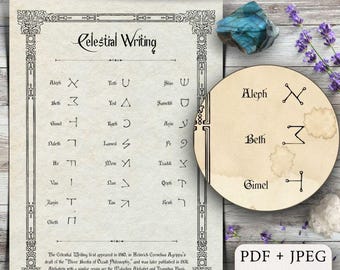 May include: A digital print titled Celestial Writing featuring a list of Hebrew-inspired characters and their names in black ink on a parchment-style background. A circular inset shows the first three letters, Aleph, Beth, and Gimel.