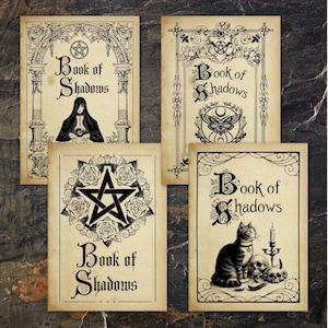 Cztery unikalne okładki Grimoire / BoS, strony do druku Witchcraft, strony tytułowe Book of Shadows, pobieranie cyfrowe, wkładka Witchy Grimoire