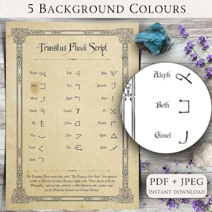 May include: A vintage-style print featuring the "Transitus Fluvii Script" with decorative borders and a circular inset showing letter examples. The text "PDF + JPEG INSTANT DOWNLOAD" is visible. A blue crystal and lavender sprigs are also present.