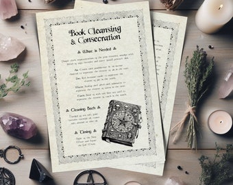 May include: A printable guide for book cleansing and consecration with instructions on what is needed, cleaning bath, and timing. The guide features a black and white illustration of a closed book with a pentagram and skulls.
