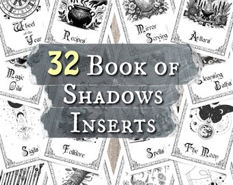 May include: A set of 32 printable cards for a Book of Shadows. The cards feature black and white illustrations of various witchcraft and pagan themes, such as sigils, spells, herbs, and moon phases. The text on the cards includes titles like "Wheel of the Year", "Recipes", "Mirror Scrying", "Altars", "Magic Oils", "Folklore", "Spells", "The Moon", "Wands", "Cleansing", "Herbology", and "Pendulums".