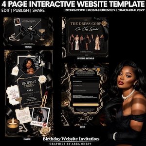 May include: A 4-page interactive website template for a birthday invitation featuring a black and gold color scheme. The design includes sections for home, special details, invite, and RSVP, with graphics of pearls, candles, lipstick, and envelopes.