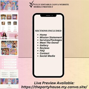 May include: A mobile-friendly Canva website template is displayed on a smartphone. The template includes sections for Home, Mission Statement, Services, Gallery, Reviews, FAQ, Contact, and Social Media. The website is fully editable.