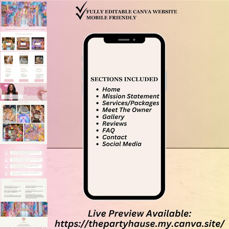 May include: A mobile-friendly Canva website template is displayed on a smartphone. The template includes sections for Home, Mission Statement, Services, Gallery, Reviews, FAQ, Contact, and Social Media. The website is fully editable.
