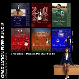 Può includere: Una raccolta di modelli di volantini per la laurea e il giorno della decisione. I volantini presentano foto di laureati e testo con nomi, date e nomi delle scuole. La combinazione di colori include rosso, verde, blu e nero.