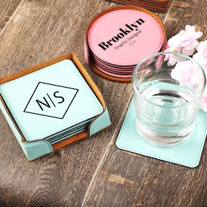 Custom Leather Coaster Set, Round and Square Coaster Set, Engraved Leather Coasters with Holder, Personalized Drink Coaster, Gift For Her