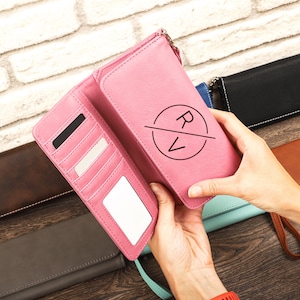 Cartera personalizada para mujer, cartera triple, cartera grabada en cuero, cartera monograma personalizada, regalo para ella, regalo para la madre, regalo del Día de las Madres
