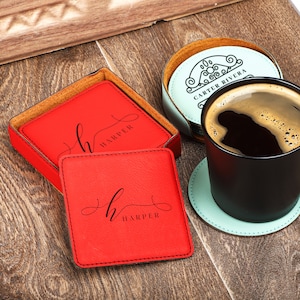 Custom Leather Coaster Set, Round and Square Coaster Set, Engraved Leather Coasters with Holder, Personalized Drink Coaster, Gift For Her
