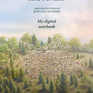 Può includere: Copertina di taccuino digitale con il testo "ETERNAL HAPPINESS" e "2026 CONVENTION OF JEHOVAH'S WITNESSES". L'immagine raffigura una grande riunione di persone su una collina erbosa, circondata da alberi, sotto un cielo luminoso.