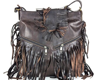 Moroccan Leather Bag with Fringes - Bohemian Style