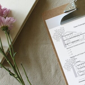 May include: A brown clipboard with a white paper on it. The paper has a title that says "Case Concept" and has a logo of a tree with leaves. The paper has a section titled "Presenting Issue" and has a list of questions about goals, desired objectives, negative cognitions, and resources needed.