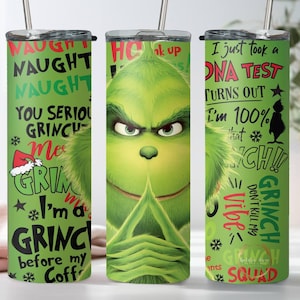 Funny Grinch Skinny Tumbler, Christmas Grinch 20oz Slim Tumbler, Skinny Tumbler Cup with Straw & Lid, Grinch Xmas Sublimated Skinny Tumbler