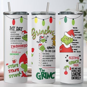 Funny Grinch Skinny Tumbler, Grinchmas 20oz Slim Tumbler, Stainless Steel Tumbler Cup with Straw & Lid, Grinch Sublimated Skinny Tumbler