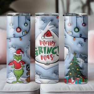 Christmas Grinch Skinny Tumbler, Steel 20oz Skinny Tumbler Cup with Straw & Lid, Grinch Xmas Sublimated Tumbler, Christmas Gift Tumbler