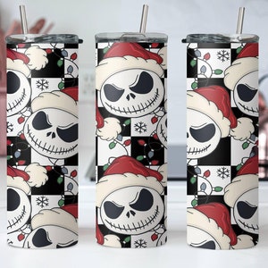 Santa Jack Skinny Tumbler, Jack Skellington Tumbler, Stainless Steel Skinny Tumbler Cup with Straw & Lid, 20oz Christmas Sublimated Tumbler