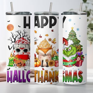 Happy Hallothanksmas Skinny Tumbler, Funny Grinch Xmas Tumbler, Stainless Steel Tumbler Cup with Straw & Lid, 20oz Horror Theme Xmas Tumbler
