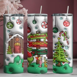 Grinch Christmas Skinny Tumbler, Christmas Gift Tumbler, Stainless Steel Skinny Tumbler Cup with Straw & Lid, Grinch Xmas Sublimated Tumbler