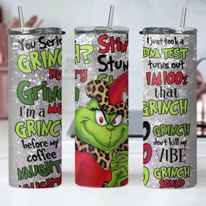 Faux Glitter Grinch Skinny Tumbler, Christmas 20oz Slim Tumbler, Skinny Tumbler Cup with Straw & Lid, Funny Grinch Tumbler, Grinch Xmas Gift