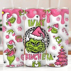 In My Grinch Era Tumbler, Pinky Grinch Tumbler, Stainless Steel Tumbler Cup with Straw & Lid, 20oz Xmas Tumbler, Grinch Sublimated Tumbler