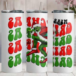 Merry Grinchmas Skinny Tumbler, Grinch Xmas 20oz Slim Tumbler, Stainless Steel Tumbler Cup with Straw & Lid, Grinch Sublimated Slim Tumbler