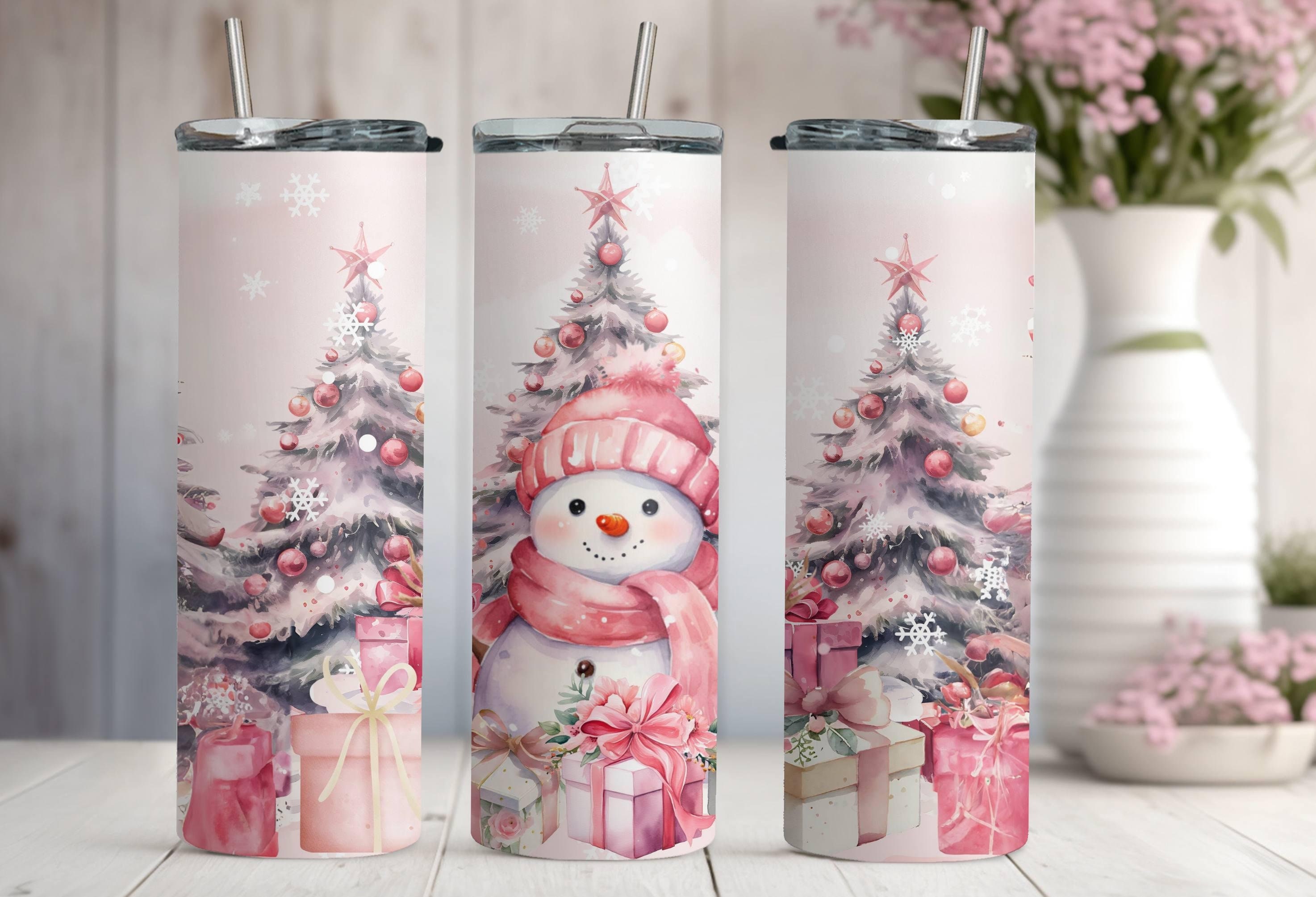 Cozy Christmas Skinny Tumbler, Pink Snowman Tumbler, Stainless Steel Tumbler Cup with Straw & Lid, 20oz Skinny Tumbler, Christmas Gift Ideas