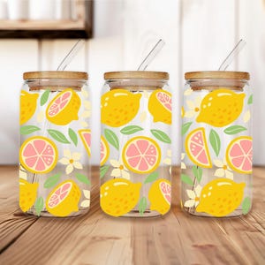 Lemon Citrus Glass Can Tumbler with Lid and Straw, Summer Fresh Fruit Iced Drink Cup, Floral Lemon Glass Tumbler, Fruit Design Tumbler
