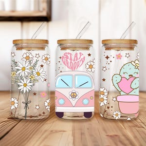 Retro Floral Glass Tumbler with Straw, Stay Groovy Van, Daisy Flowers and Cactus Cup, Aesthetic Iced Coffee Glass Can, Vintage Pink Van