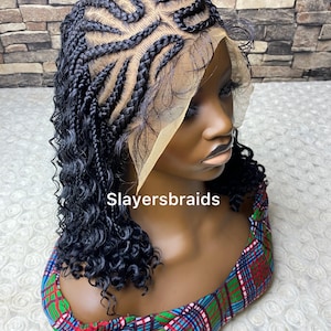 May include: A black braided wig with a lace front. The wig features intricate cornrow patterns on top and curly, textured hair around the face and neck. The text "Slayersbraids" is visible on the image.