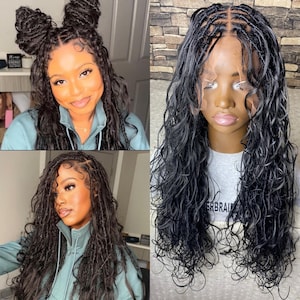 May include: A collage of images showcasing black faux locs hairstyles. The styles include long, wavy locs, and locs styled into space buns. The hair appears to be a dark, natural color.