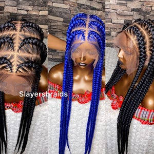 May include: Two braided wigs, one black and one blue, with a lace front and a Slayesbraids logo.