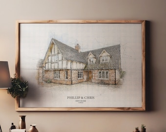 May include: A framed sketch of a house with a brown brick exterior and a gray roof. The sketch is on a white background with a grid pattern. The text "Phillip & Chris New Home 14.08.21" is printed below the sketch.