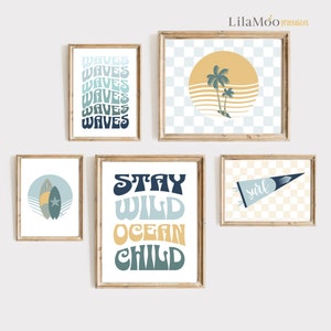 Surf Gallery Wall Art Set of 5 Printables, Retro Surf Nursery Decor, Ocean Theme Poster, Boho Surfboard Print for Boys Room, Coastal Nursery