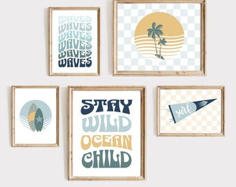 Surf Gallery Wall Art Set of 5 Printables, Retro Surf Nursery Decor, Ocean Theme Poster, Boho Surfboard Print for Boys Room, Coastal Nursery