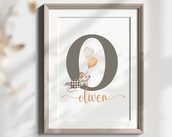 Custom Initial Cottagecore Nursery Wall Art Print, Personalized Name Sign for Baby Boy, Boho Country Nursery, Cute Mouse Letter Art Decor