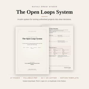 Può includere: Il sistema Open Loops di Natali Dragi Studio è un modello Notion e PDF compilabile di 27 pagine. Il documento presenta un sistema di decisione di progetto con una copertina e un foglio di lavoro, disponibile nei formati A4 e US Letter.