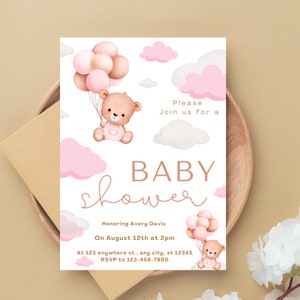 Baby Shower Invitation Template, Editable Baby Shower Invitation with Brown Bear Balloon, Invitation for Baby Shower, Baby Shower for a Girl
