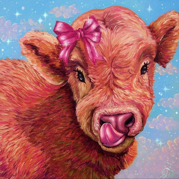 Dreamy cow, Original oil painting 12x12