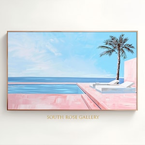 Samsung Frame TV Art, Pastel Pink And Blue Swimming Pool Oil Painting, Digital Download Art, Luxury Holiday Minimalistic Instant Décor Art