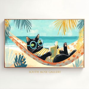 Samsung Frame TV Art, Black Cat On The Beach Hammock Digital Download, Coastal Summer TV Display, Cute Cat TV Background for Living Room
