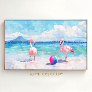 Summer Frame TV Art, Digital Download Art For TV, Samsung Frame TV Art, Coastal Décor, Watercolor Flamingo Painting, Pastel Colors Wall Art