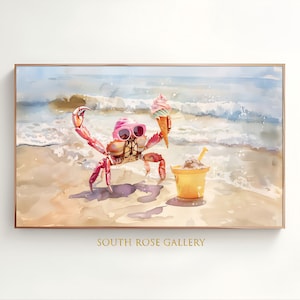 Funny Crab Frame TV Art, Coastal Décor, Digital Download Art For TV, Samsung Frame TV Art, Watercolor Crab Painting, Pastel Colors Wall Art