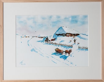 aquarelle reproduction aquarelle fałat village hiver