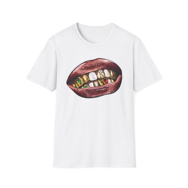 Lips Custom Grillz Women/Men’s Festival Top| Grillz - White T-shirt|Unisex Softstyle T-Shirt| Real Mike Gold Teeth Grillz Miami Tee