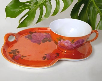 Art Deco lusterware tea cup and snack plate - orange and pink antique 1920s china for afternoon tea - Victoria Czechoslovakia - gift for mum