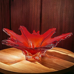Flavio poli glass red flame centre piece - Mid century Red Sommerso Bowl - 1960s Murano glass leaf catchall fruit bowl - unique present UK