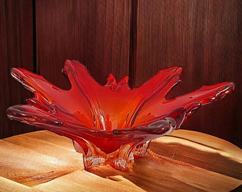 Flavio poli glass red flame centre piece - Mid century Red Sommerso Bowl - 1960s Murano glass leaf catchall fruit bowl - unique present UK