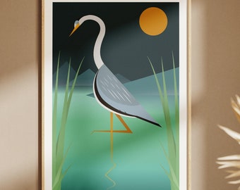 Heron Hunting on the Water, bird poster - nature print