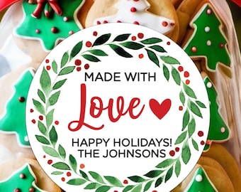 12 Personalized Round Stickers for Christmas Baked Goods - Holly Wreath Design - Made with Love Labels for Homemade Gifts